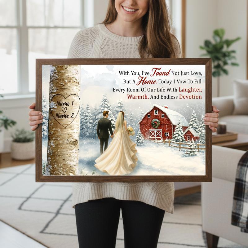 Personalized Names Carved In Tree Heart - Winter Wedding Canvas