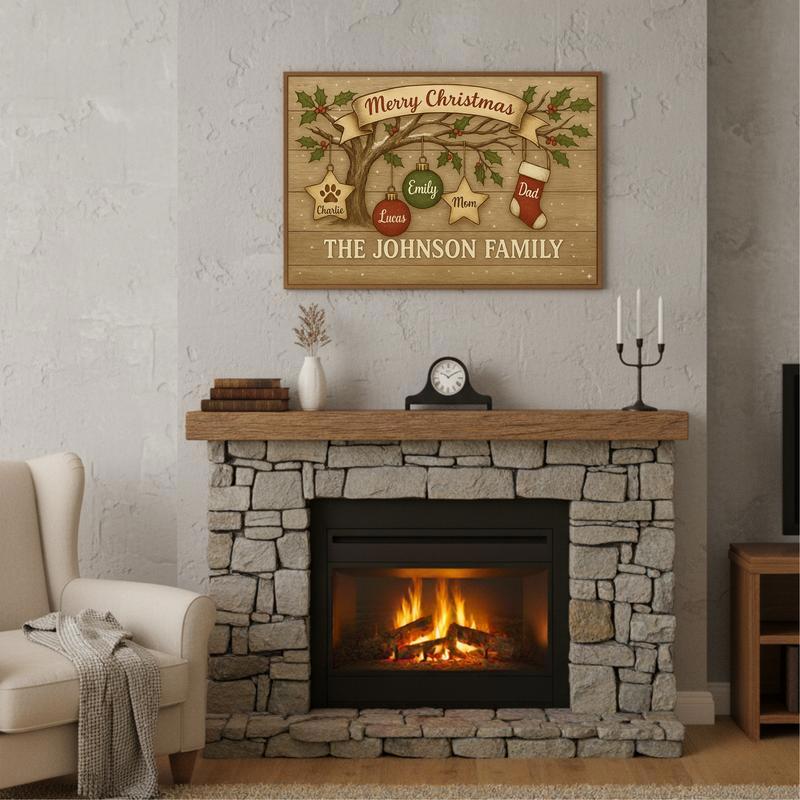 Cherished Family Tree Personalized Rustic Christmas Canvas