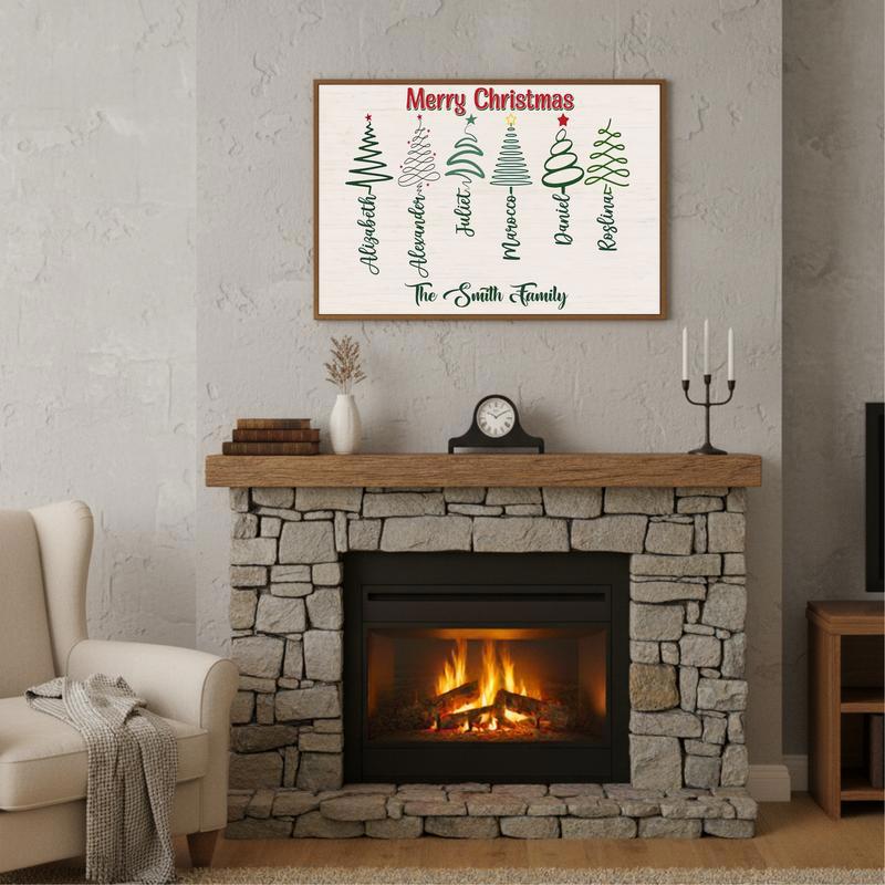 Custom Family Cursive Names Canvas - Rustic Christmas Tree Art