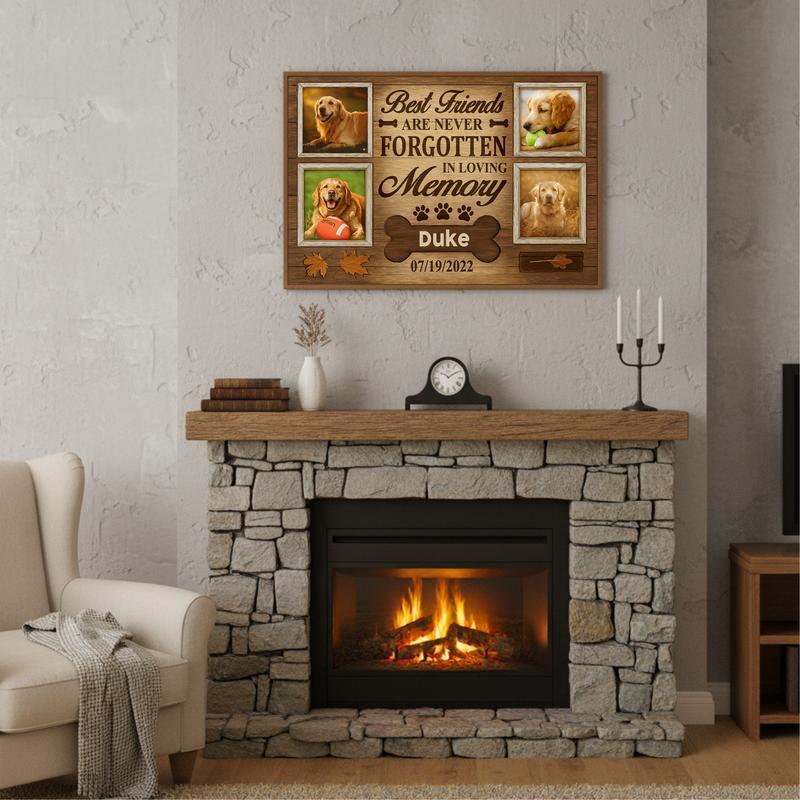 Never Forgotten Dog Photo Keepsake, Rustic Fall Tribute Canvas