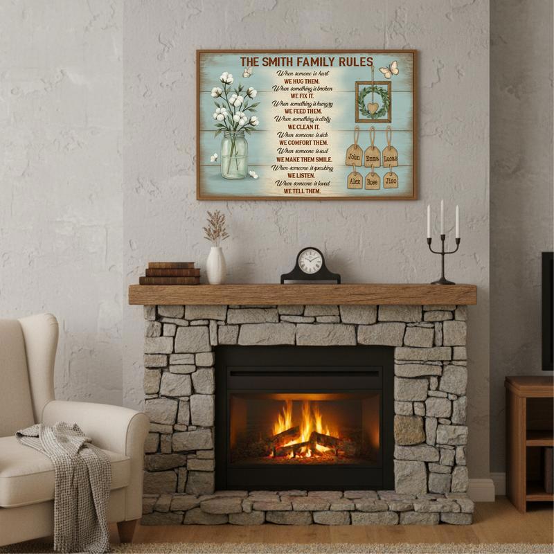 Our Custom Family Rules - Personalized Rustic Names Canvas