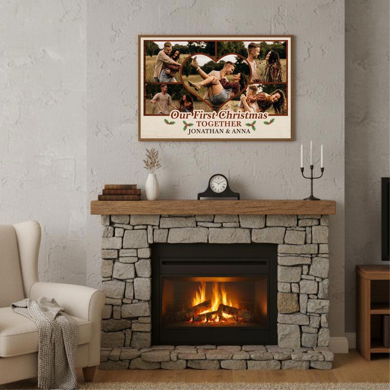 Rustic First Christmas Photo Collage Gift For Couples Canvas