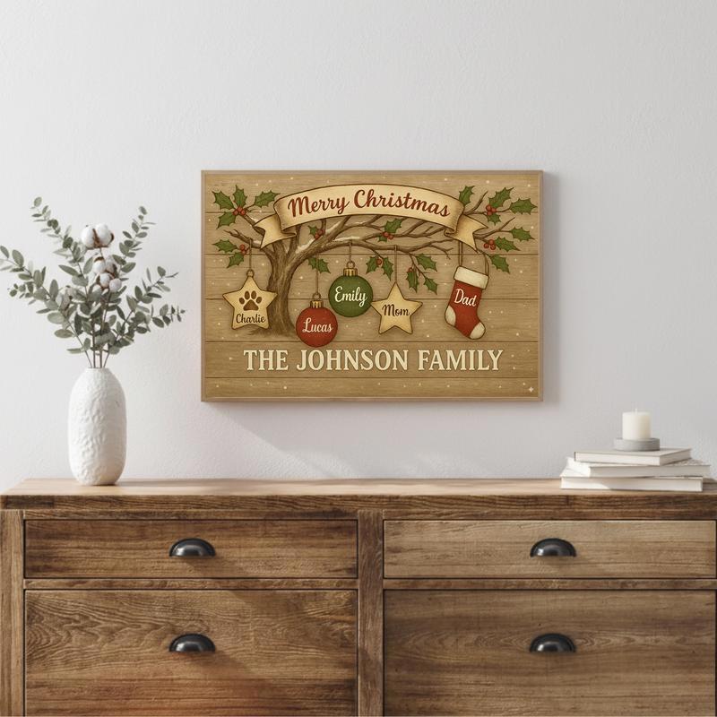 Cherished Family Tree Personalized Rustic Christmas Canvas