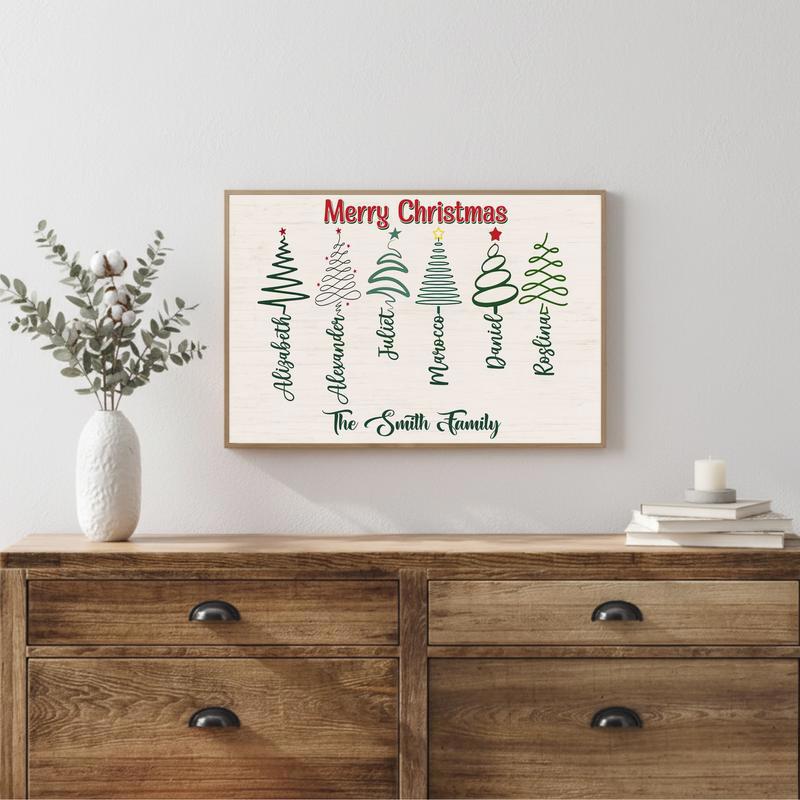 Custom Family Cursive Names Canvas - Rustic Christmas Tree Art