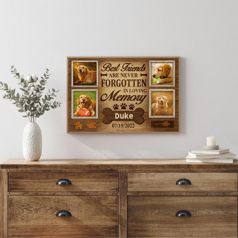 Never Forgotten Dog Photo Keepsake, Rustic Fall Tribute Canvas