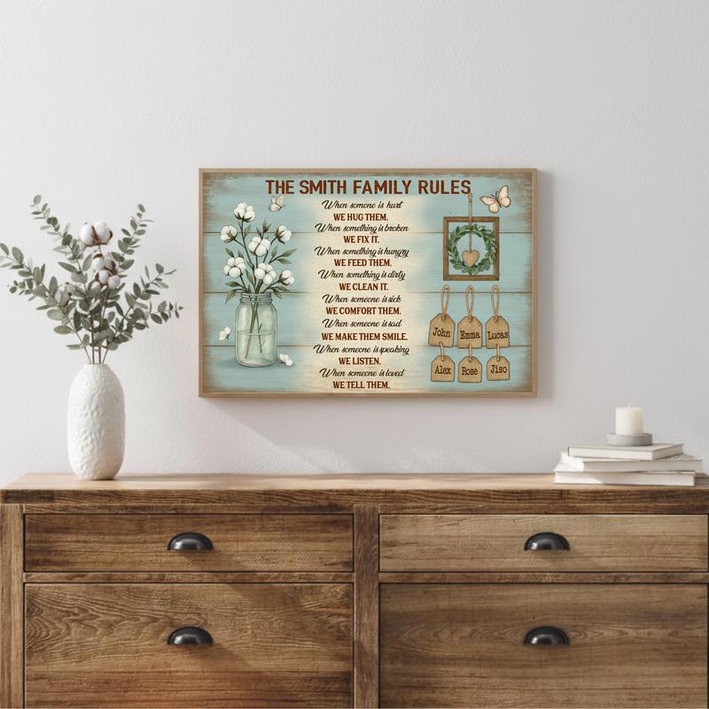Our Custom Family Rules - Personalized Rustic Names Canvas