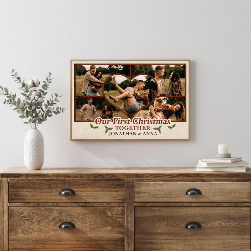 Rustic First Christmas Photo Collage Gift For Couples Canvas