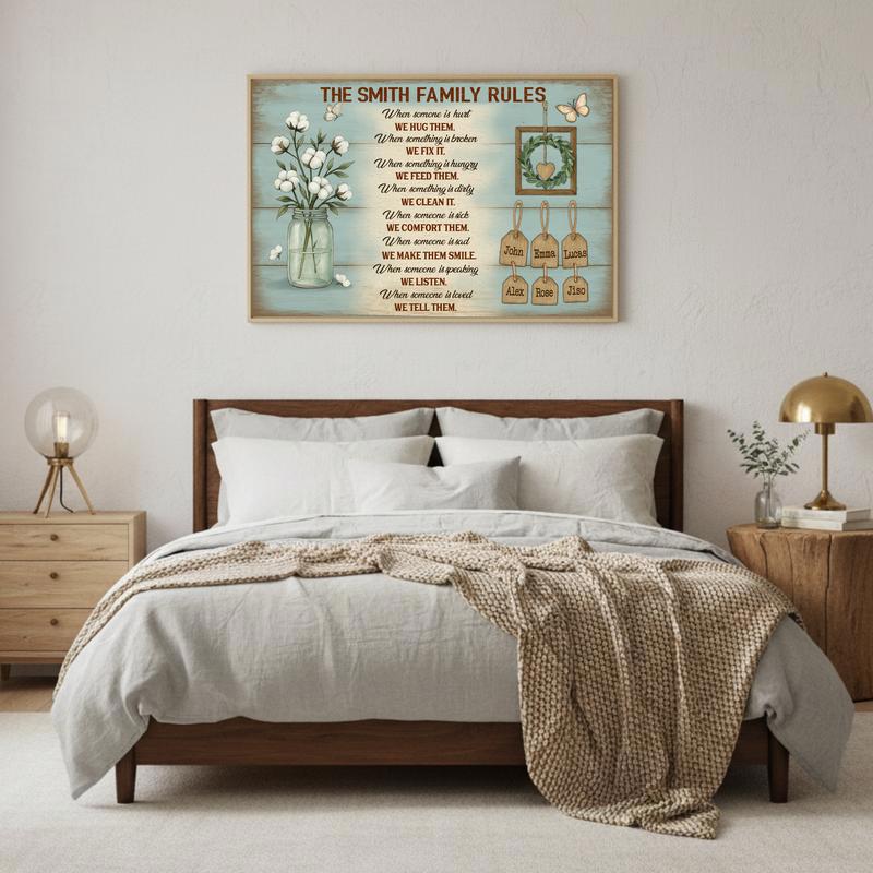 Our Custom Family Rules - Personalized Rustic Names Canvas
