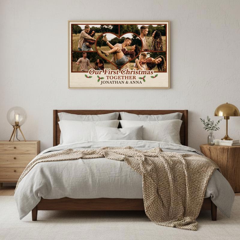 Rustic First Christmas Photo Collage Gift For Couples Canvas