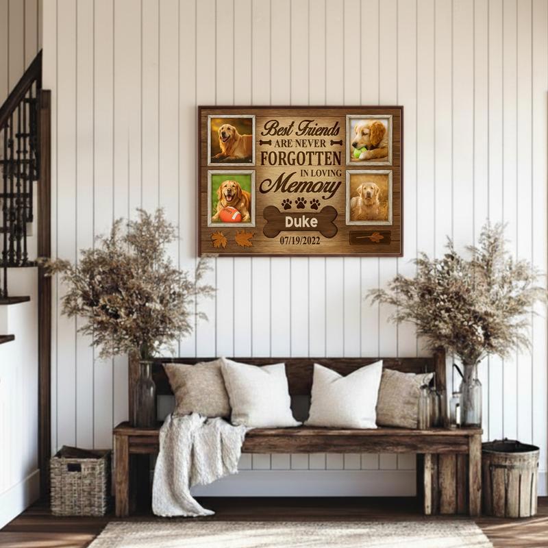 Never Forgotten Dog Photo Keepsake, Rustic Fall Tribute Canvas