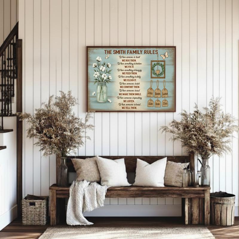 Our Custom Family Rules - Personalized Rustic Names Canvas