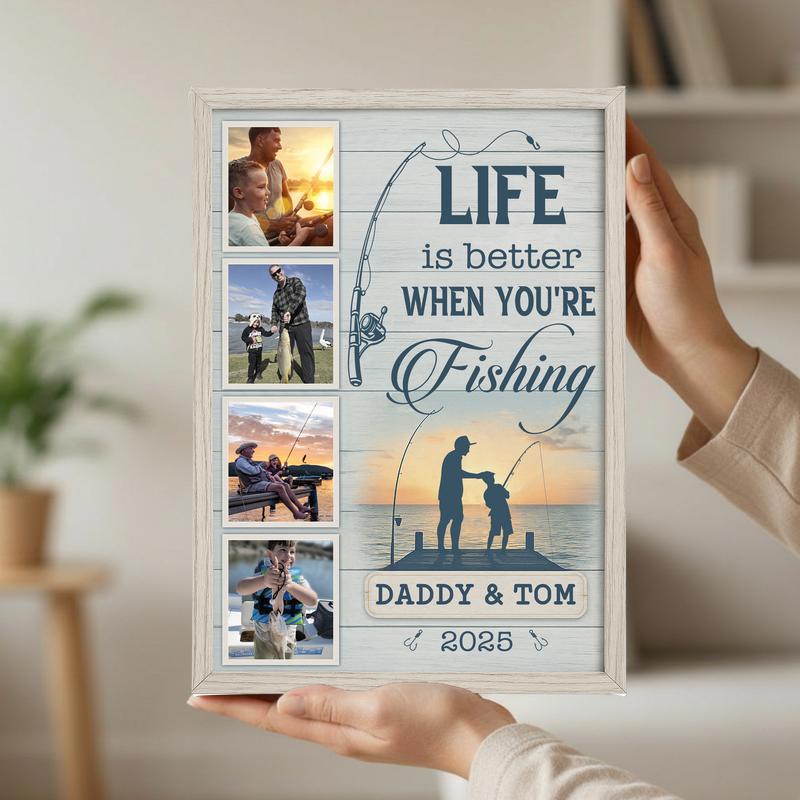 Dad & Son Fishing Photo Collage Farmhouse Personalized Canvas