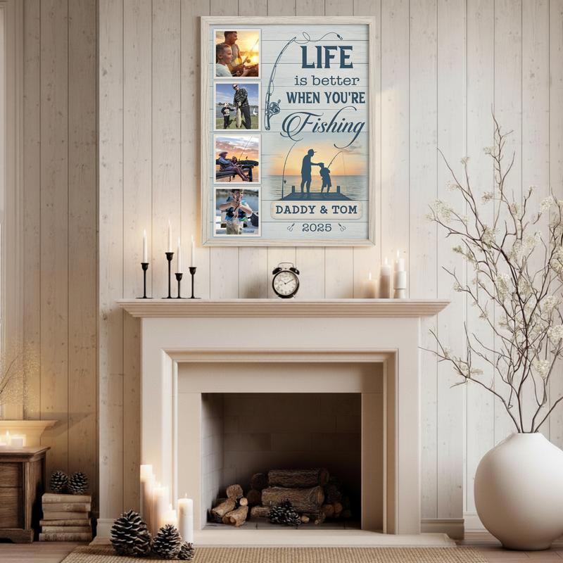 Dad & Son Fishing Photo Collage Farmhouse Personalized Canvas
