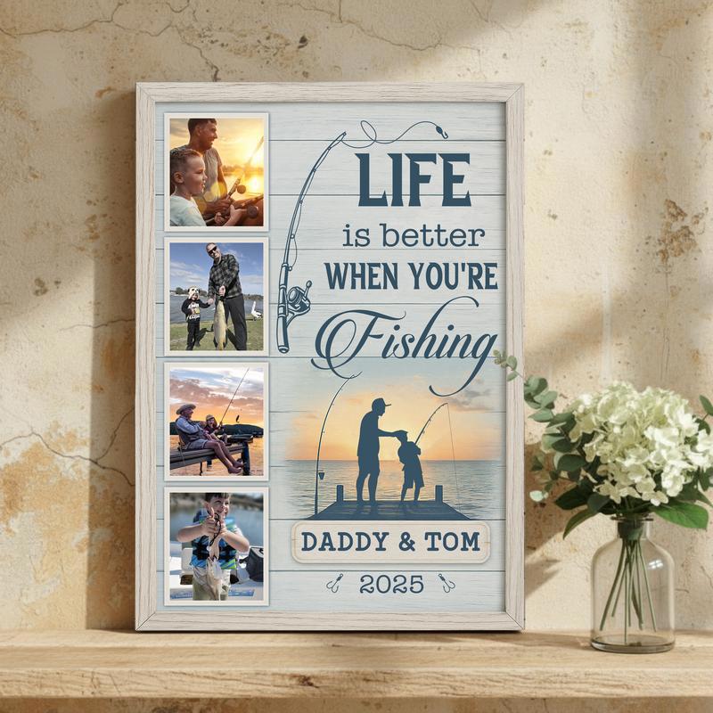 Dad & Son Fishing Photo Collage Farmhouse Personalized Canvas