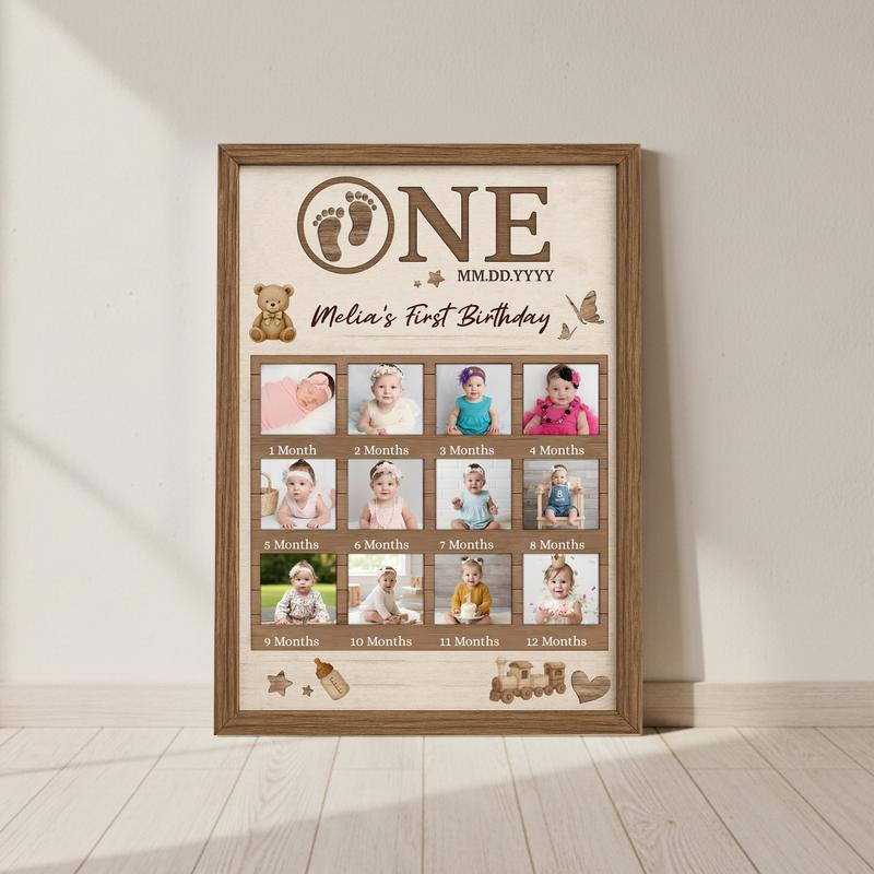 Baby Milestone 1st Birthday Gift - Custom Photo Collage Canvas - Personalize Wall Art
