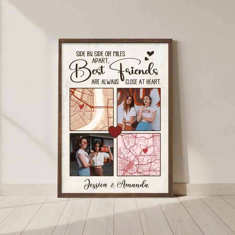 Connecting Hearts Best Friend Long Distance Map Photo Canvas - Personalize Wall Art