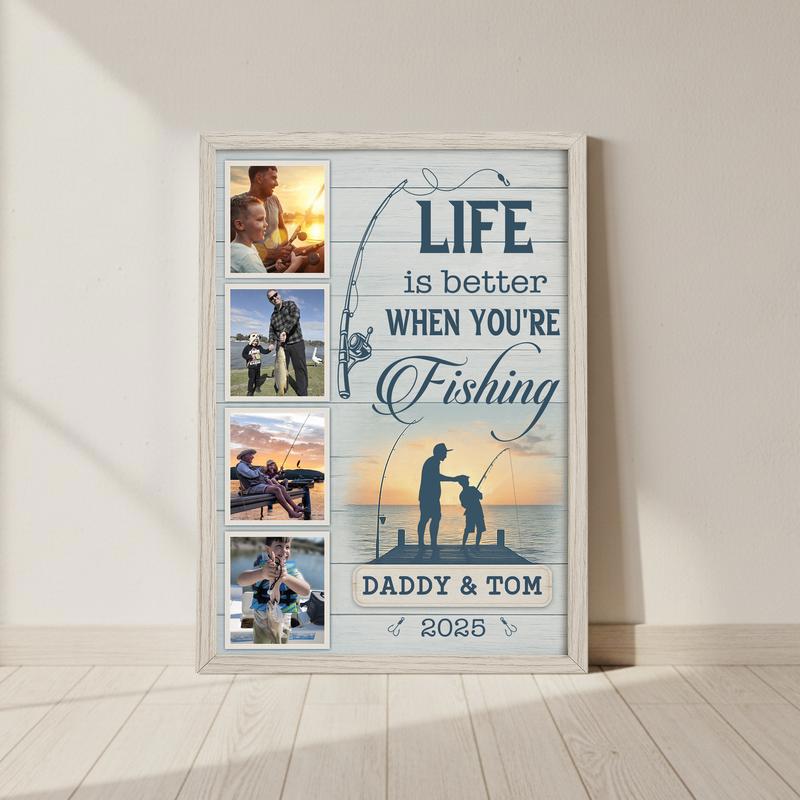 Dad & Son Fishing Photo Collage Farmhouse Personalized Canvas - Personalize Wall Art