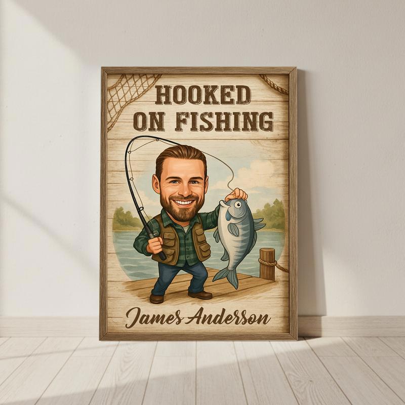 Funny Gift For Dad - Custom Fisherman Caricature Cartoon Canvas - Personalize Wall Art