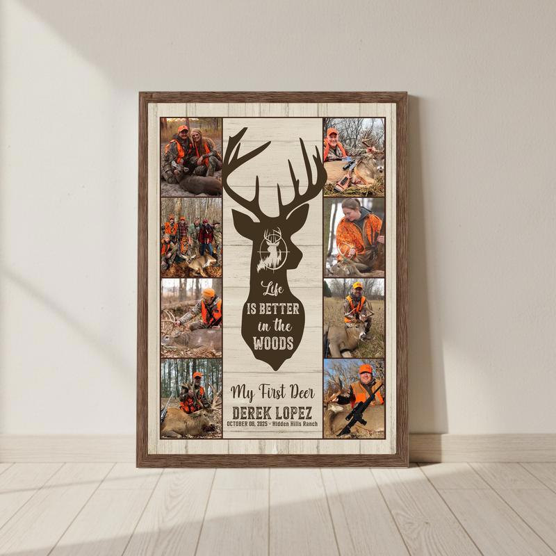 Life Is Better In The Woods - Deer Hunting Photo Collage Canvas - Personalize Wall Art