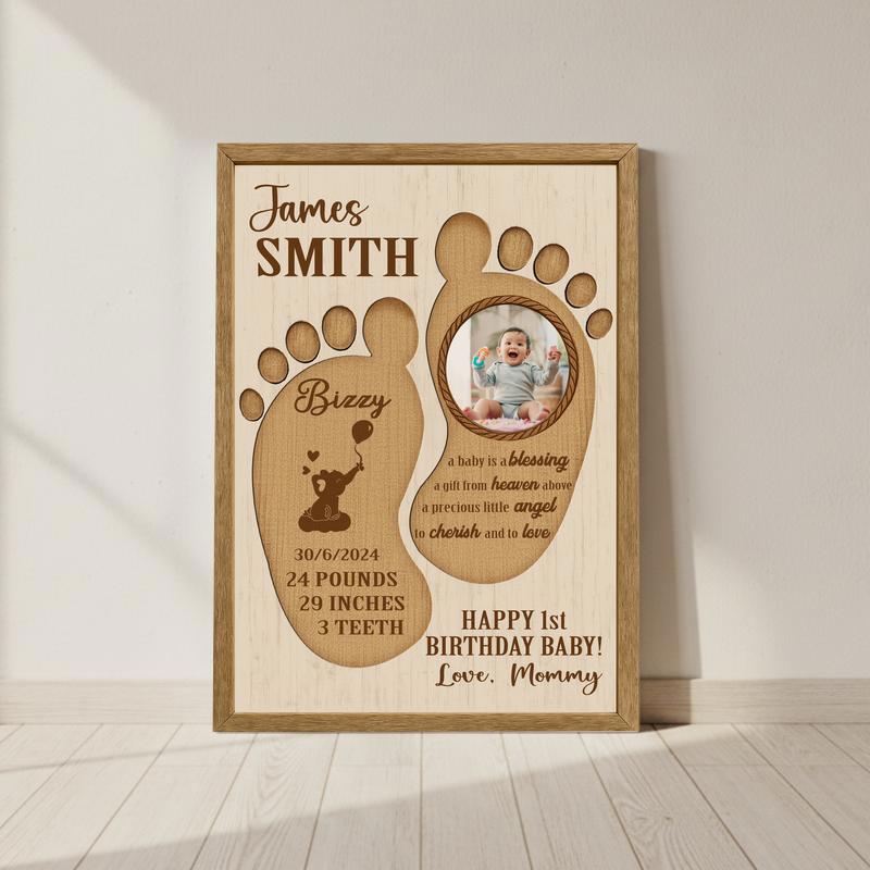 Newborn Keepsake Canvas - Baby Footprint & 1st Birthday Stats - Personalize Wall Art