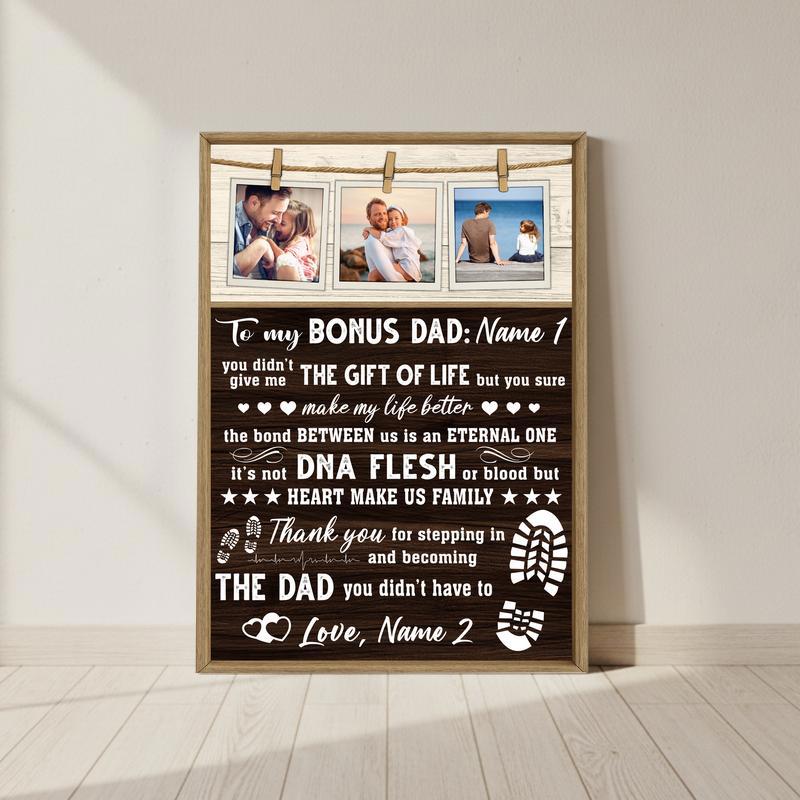 The Best Bonus Dad - Personalized Rustic Farmhouse Canvas - Personalize Wall Art