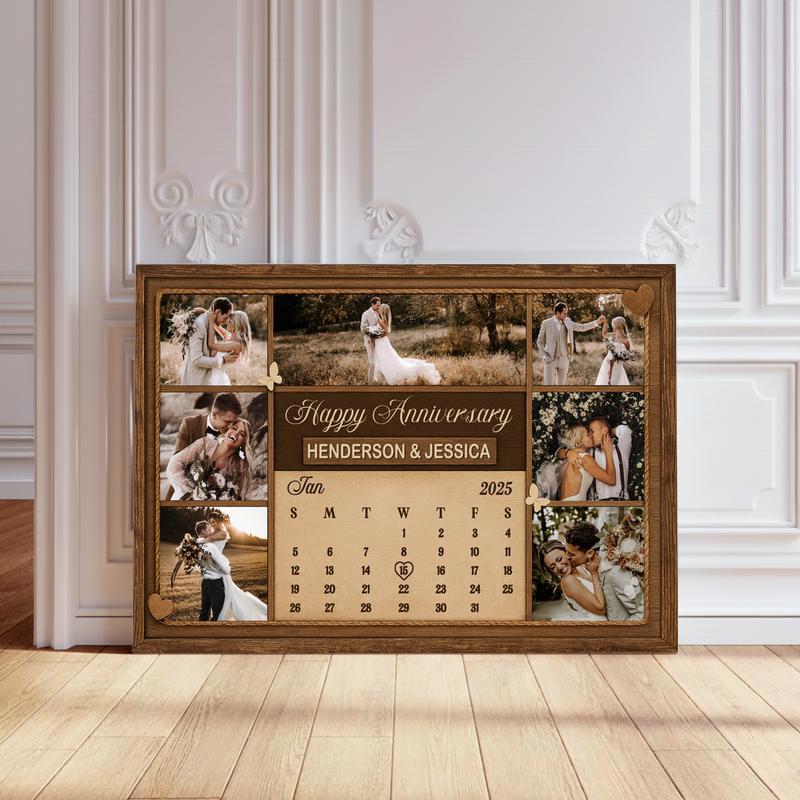 Cherished Anniversary Date Photo Collage Rustic Calendar Canvas - Personalize Wall Art