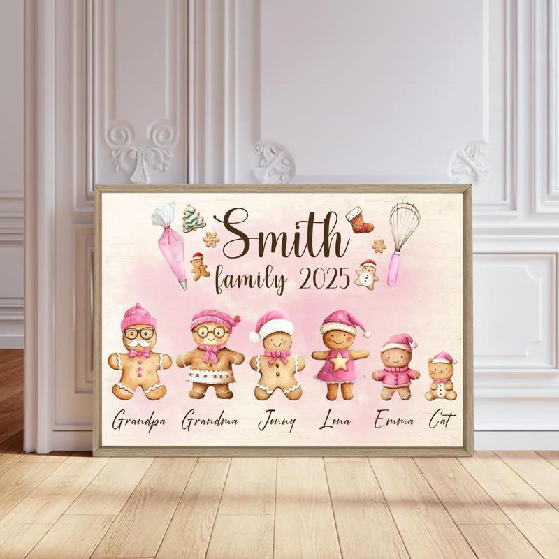 Pink Gingerbread Family Canvas - Personalized Christmas Gift - Personalize Wall Art