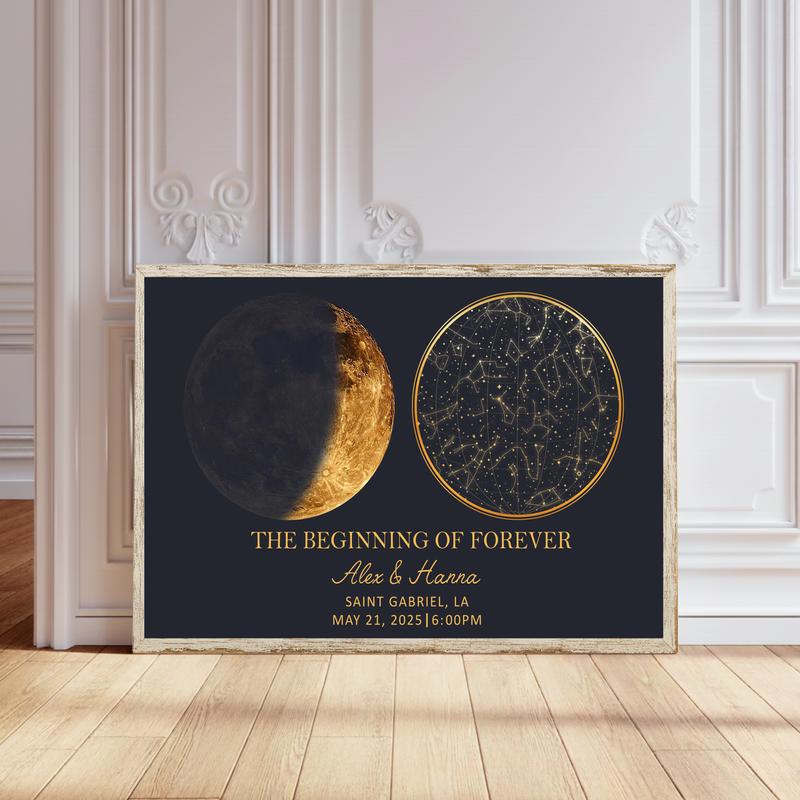 Romantic Night Sky Canvas - Custom Moon Phase Star Map Gift - Personalize Wall Art