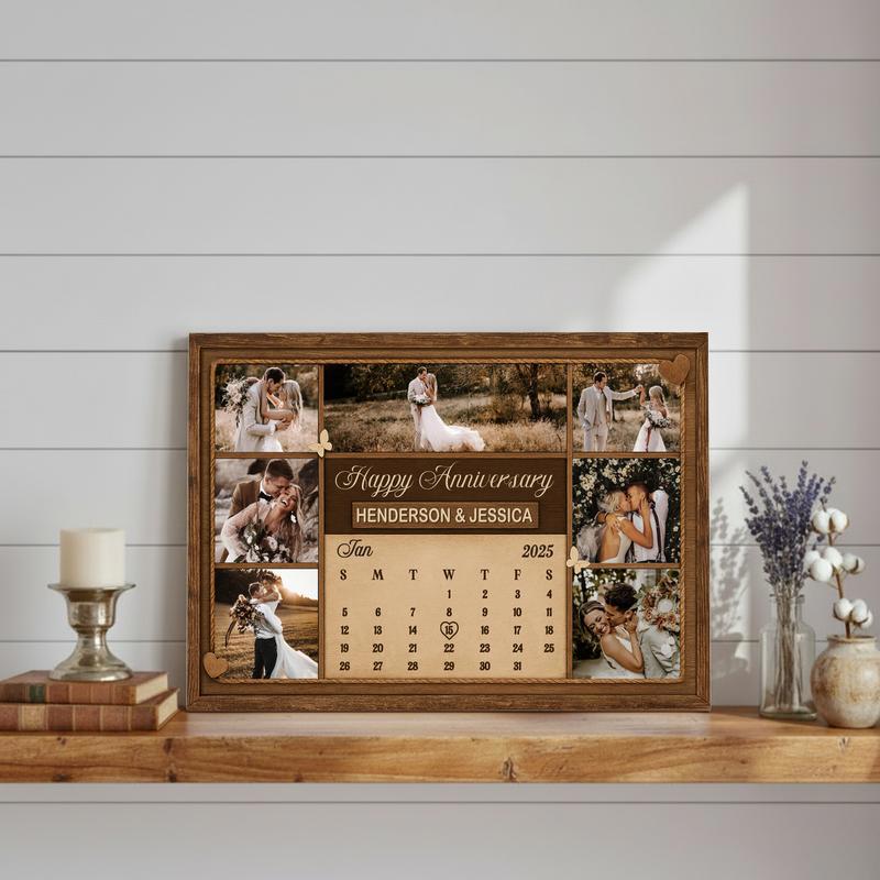 Cherished Anniversary Date Photo Collage Rustic Calendar Canvas