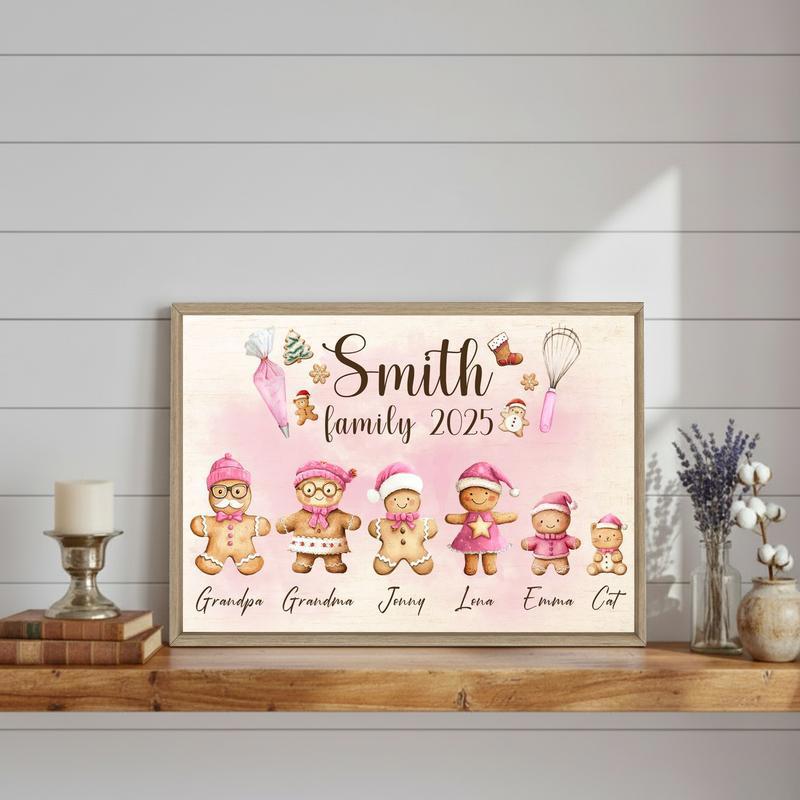 Pink Gingerbread Family Canvas - Personalized Christmas Gift