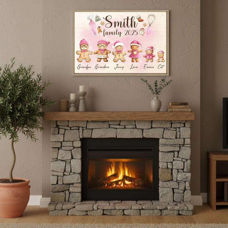Pink Gingerbread Family Canvas - Personalized Christmas Gift