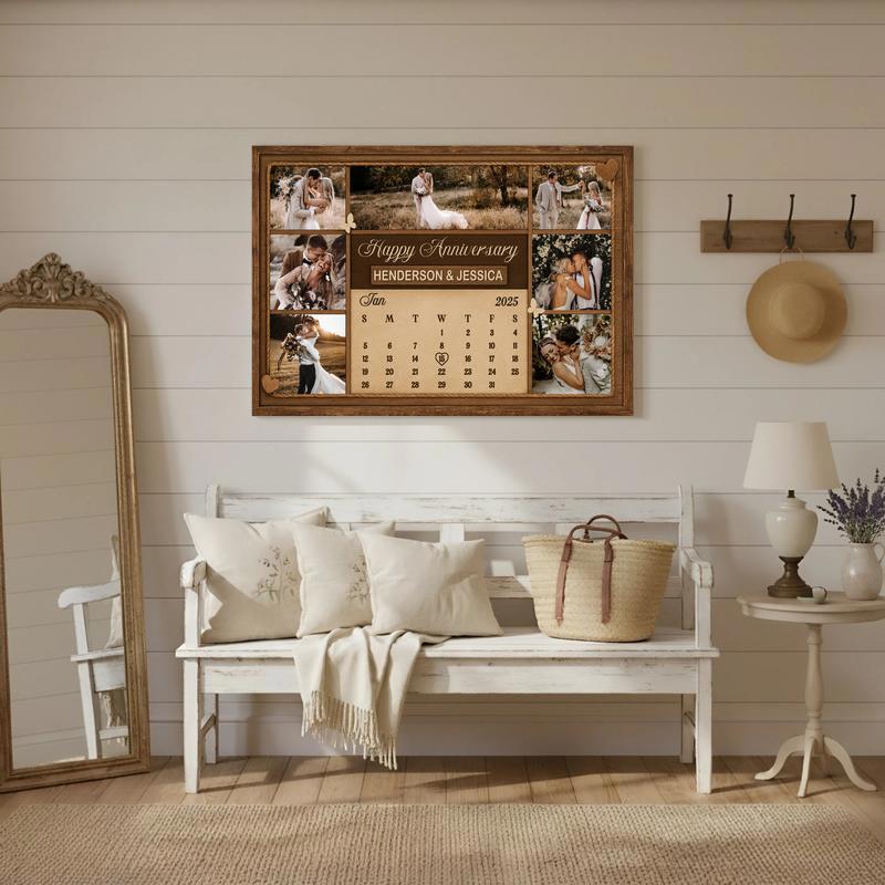 Cherished Anniversary Date Photo Collage Rustic Calendar Canvas