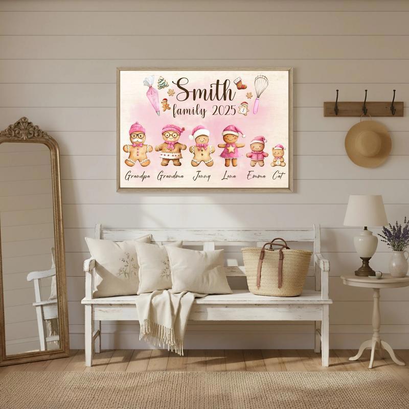 Pink Gingerbread Family Canvas - Personalized Christmas Gift