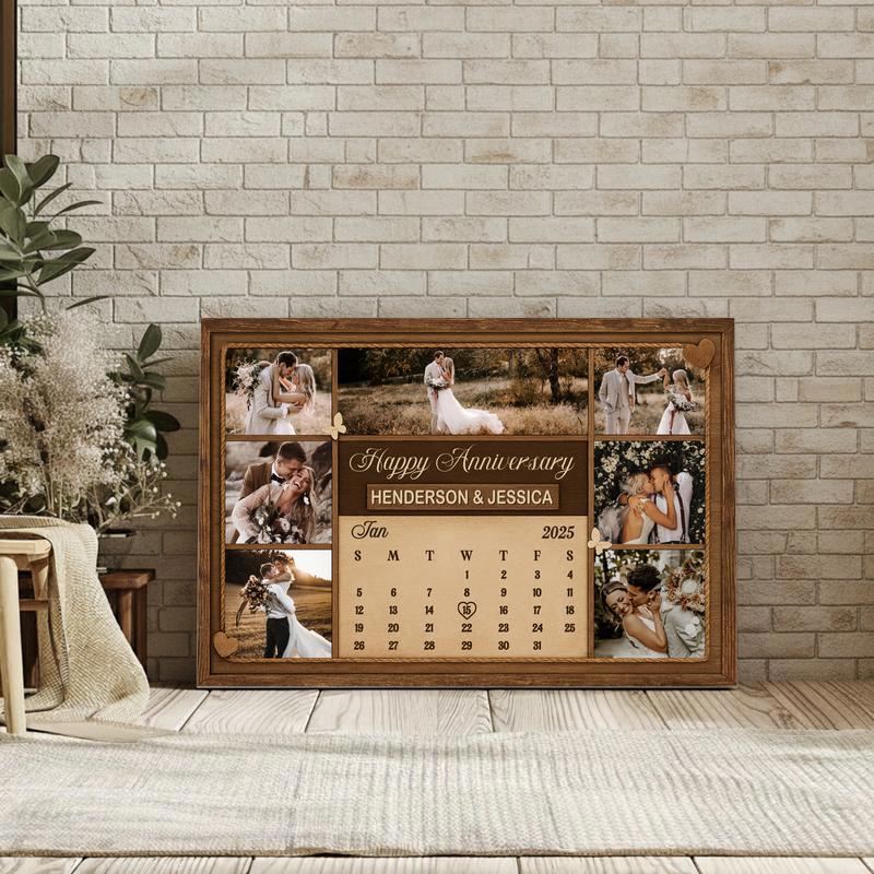 Cherished Anniversary Date Photo Collage Rustic Calendar Canvas