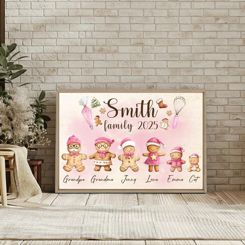 Pink Gingerbread Family Canvas - Personalized Christmas Gift