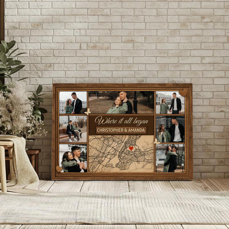 Where Our Story Began Personalized Map Photo Collage Canvas