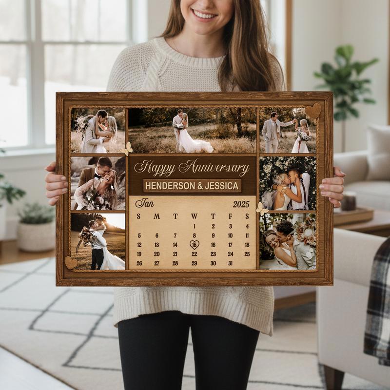 Cherished Anniversary Date Photo Collage Rustic Calendar Canvas