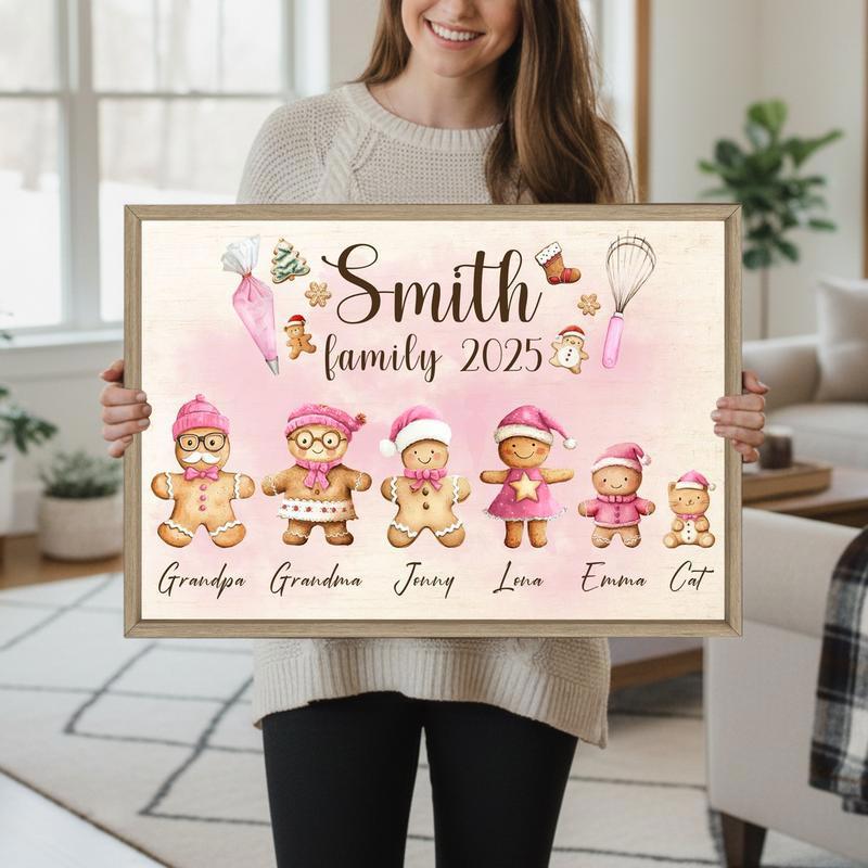 Pink Gingerbread Family Canvas - Personalized Christmas Gift