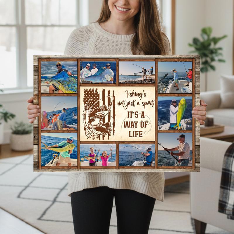 Unique Keepsake Canvas For Fishermen - Rustic Photo Collage Gift