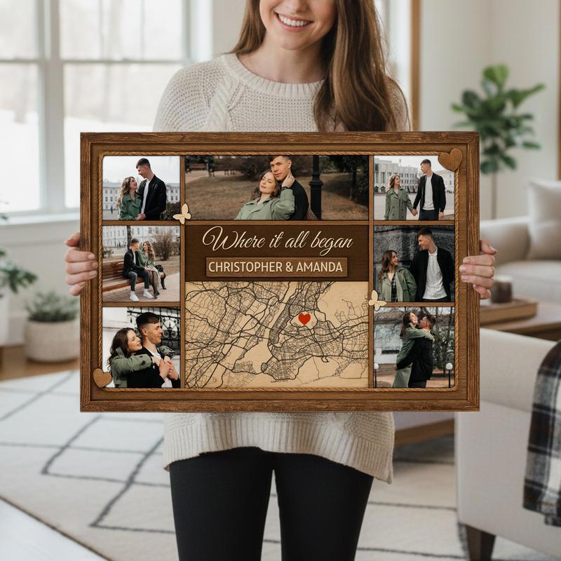 Where Our Story Began Personalized Map Photo Collage Canvas