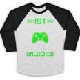 Kids 1st Grade Level Unlocked Back To School Gamer Graduation Baseball Raglan Shirt