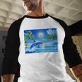 Frutiger Aero Dolphin Sunset Ocean With Palm Trees Y2k Premium Baseball Raglan Shirt Frutiger Aero Dolphin Sunset Ocean With Palm Trees Y2k Premium Baseball Raglan Shirt