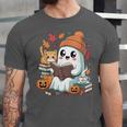 Cute Cozy Ghost Reading With Cat Book Lover Autumn Fall Unisex Jersey T-Shirt