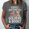 Easily Distracted By Goldens & Books Golden Retriever Dog Unisex Jersey T-Shirt