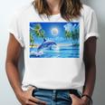 Frutiger Aero Dolphin Sunset Ocean With Palm Trees Y2k Premium Unisex Jersey T-Shirt