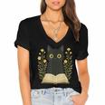 Cat Reading Book Flowers Women's Jersey Short Sleeve Deep V-Neck Tshirt