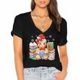 Christmas Gingerbread Man Reading Book Snowflake Teacher Women's Jersey Short Sleeve Deep V-Neck Tshirt