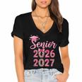 Coquette Pink Bow Flowers Senior 2026 2027 Graduation Women's Jersey Short Sleeve Deep V-Neck Tshirt