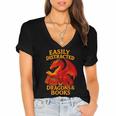 Easily Distracted By Dragons And Books Reading Women's Jersey Short Sleeve Deep V-Neck Tshirt