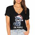 Ew People Christmas Cat Santa Hat Dad Introvert Women's Jersey Short Sleeve Deep V-Neck Tshirt